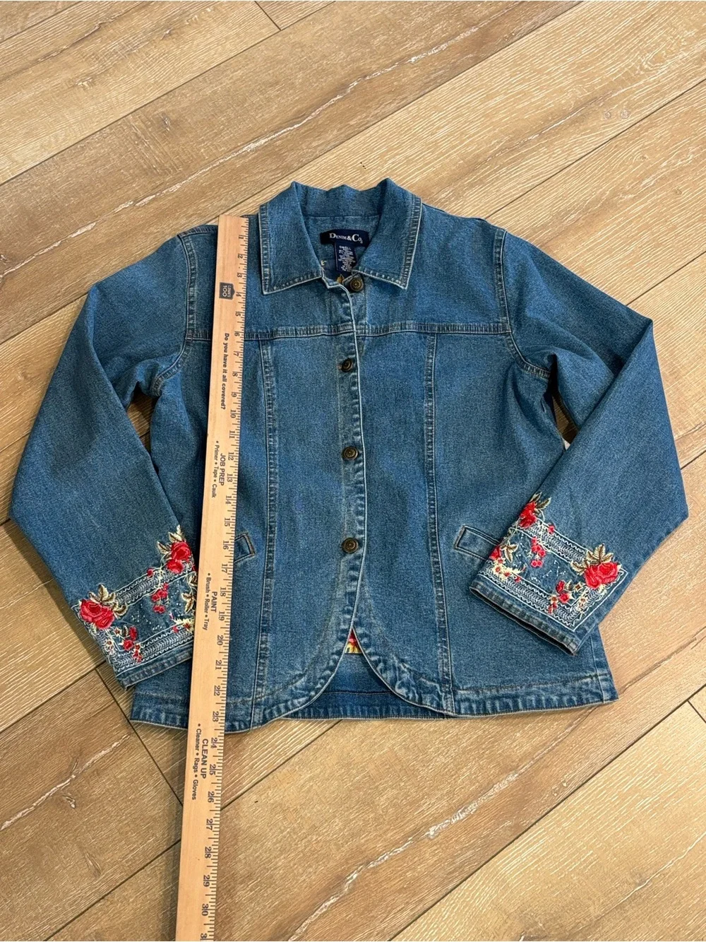 Denim & Co Floral Embroidered Denim Jacket & Pants Set Size Small 2 Pc